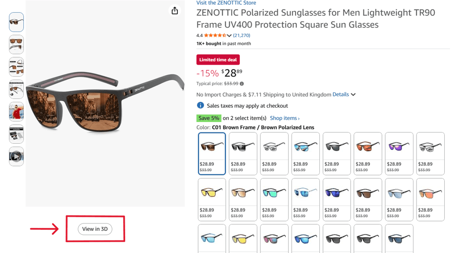 Amazon View in 3D button displayed on a product page, allowing shoppers to interact with a 3D model
