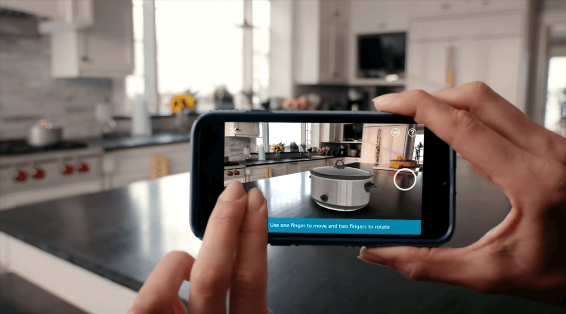 Amazon View in 3D interface displaying an interactive furniture model