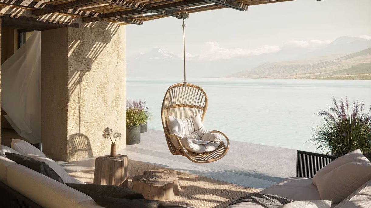 Lifestyle 3D rendering of a rattan hanging chair on a lakeside terrace — AI product visualization can generate scene variations from this 3D base