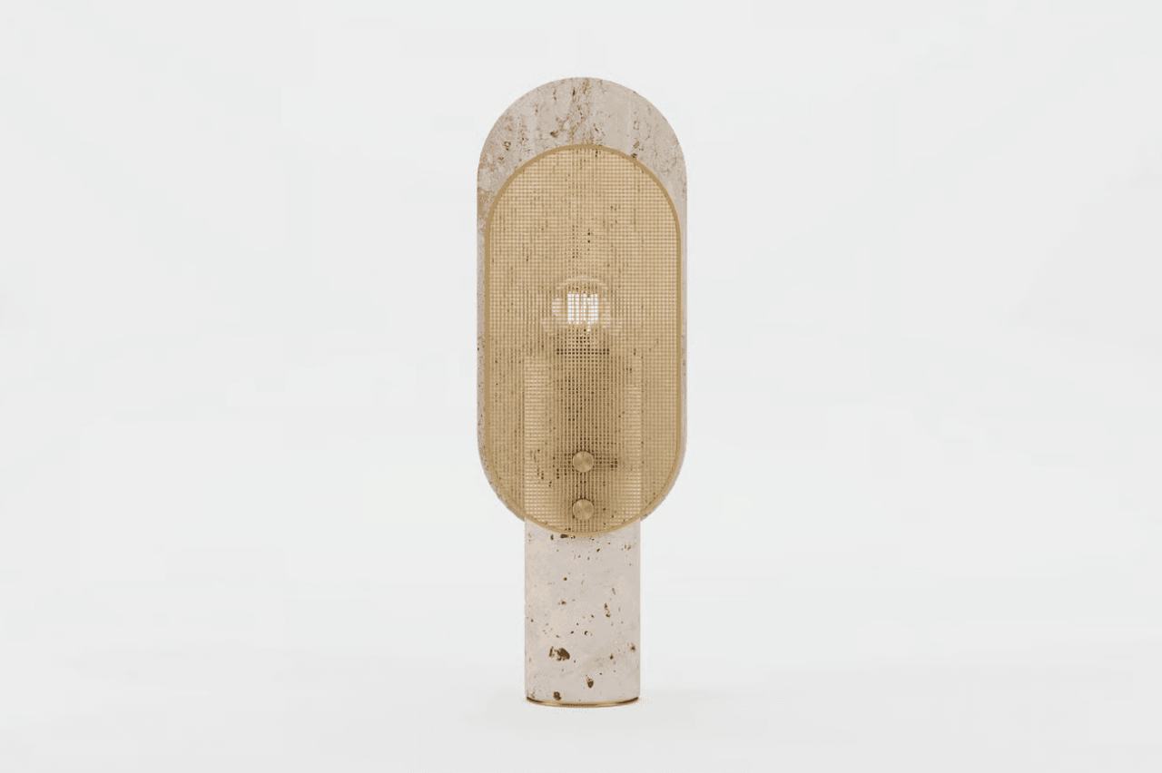Front view of a modern table lamp with minimalistic design and soft lighting