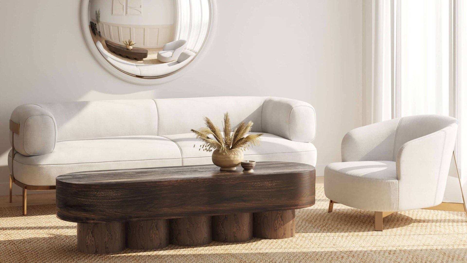 3D interior rendering showcasing a modern living room with bespoke furniture, highlighting 3D furniture modeling and photorealistic visualization.