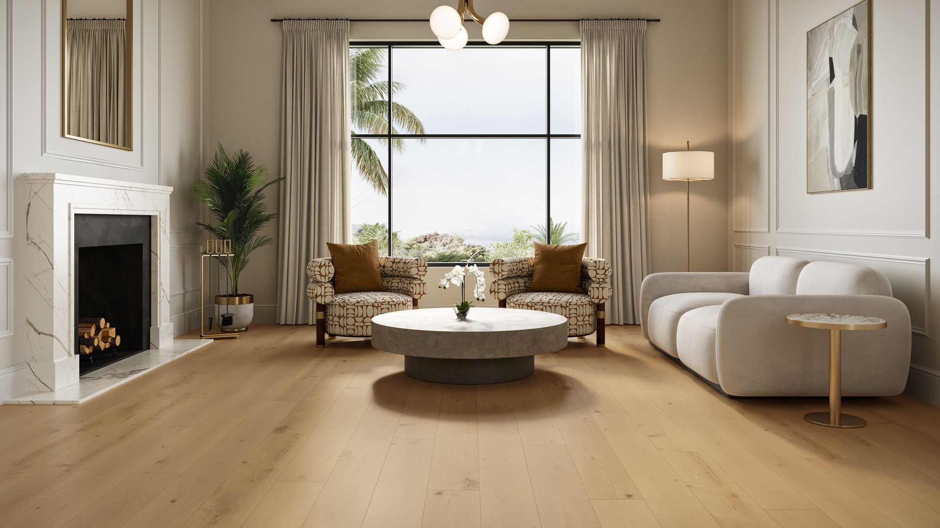CGI visualization of light wide plank flooring in an elegant living room with marble fireplace, patterned armchairs, curved sofa, round stone coffee table, and tropical view through floor-to-ceiling windows