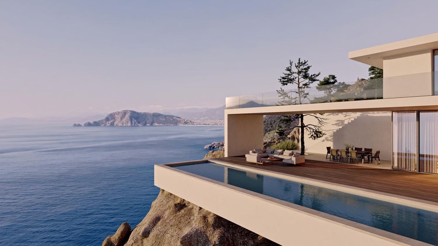 Outdoor furniture promotion shows a modern terrace, pool, dining set, and sea view in a 3D rendering