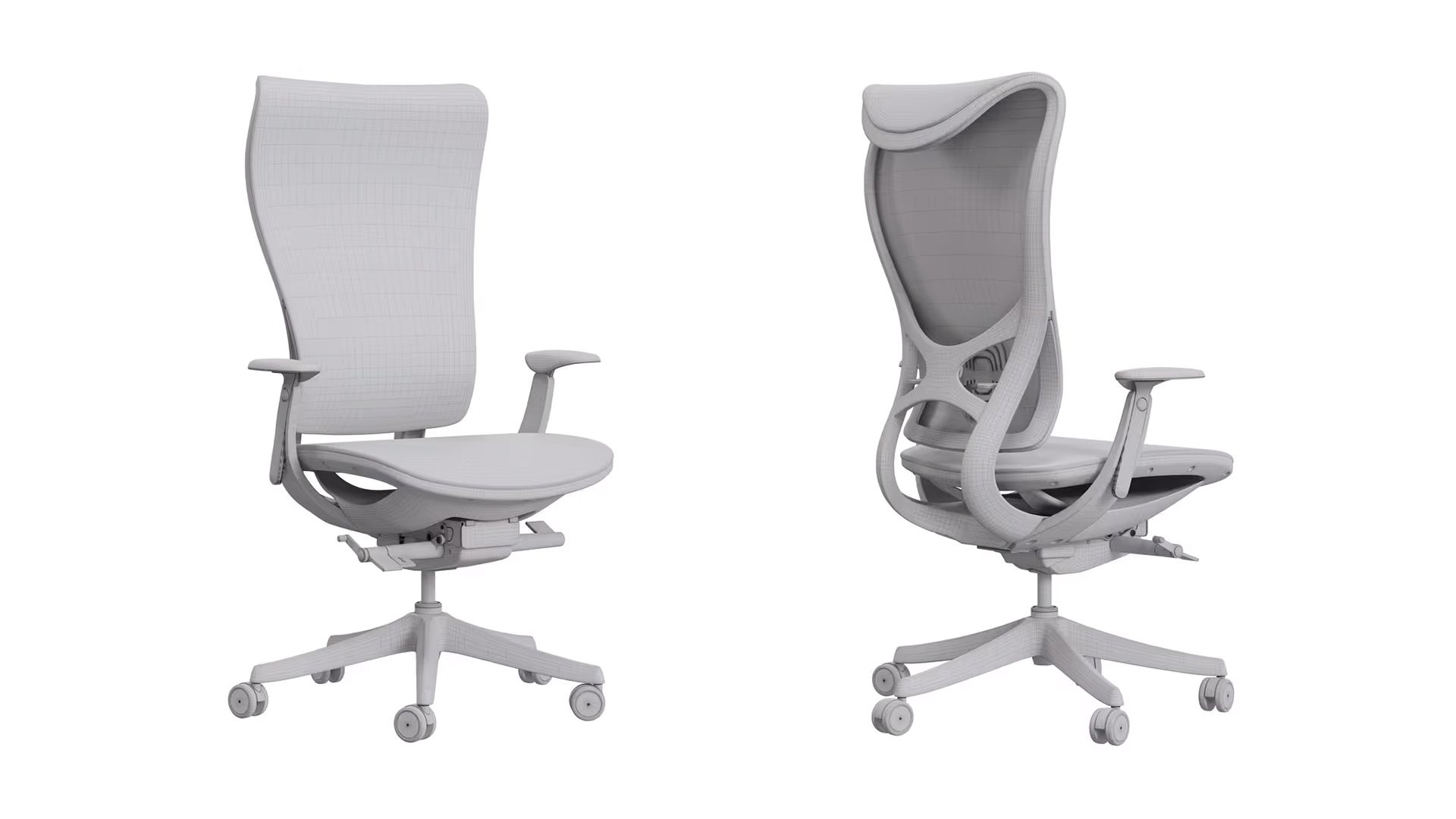 Office chair 3D modeling showing furniture geometry and seating structure from front and rear views