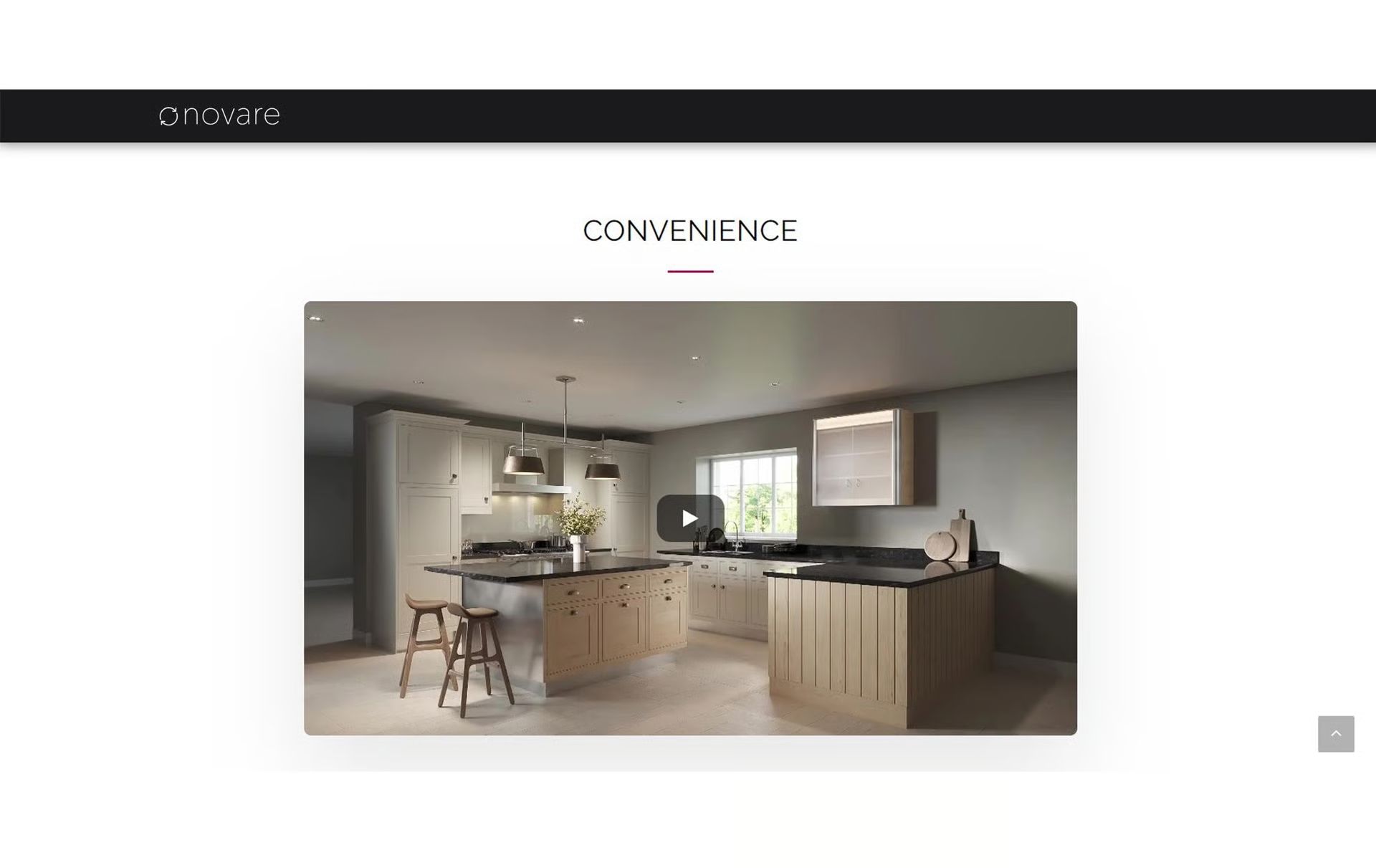 A 3D-rendered promotional animation shows built-in kitchen cabinets and a central island in a modern interior