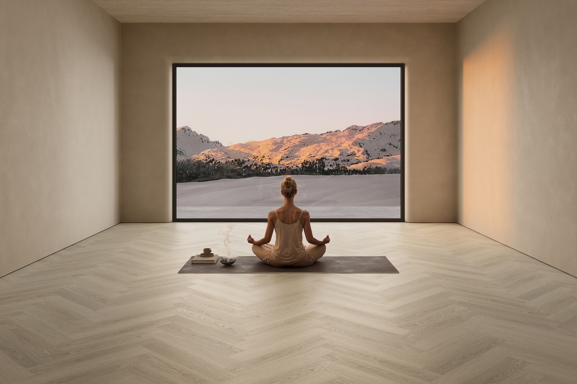 Yoga room with sunrise lighting and DuChateau Bois plank flooring lifestyle CGI scene