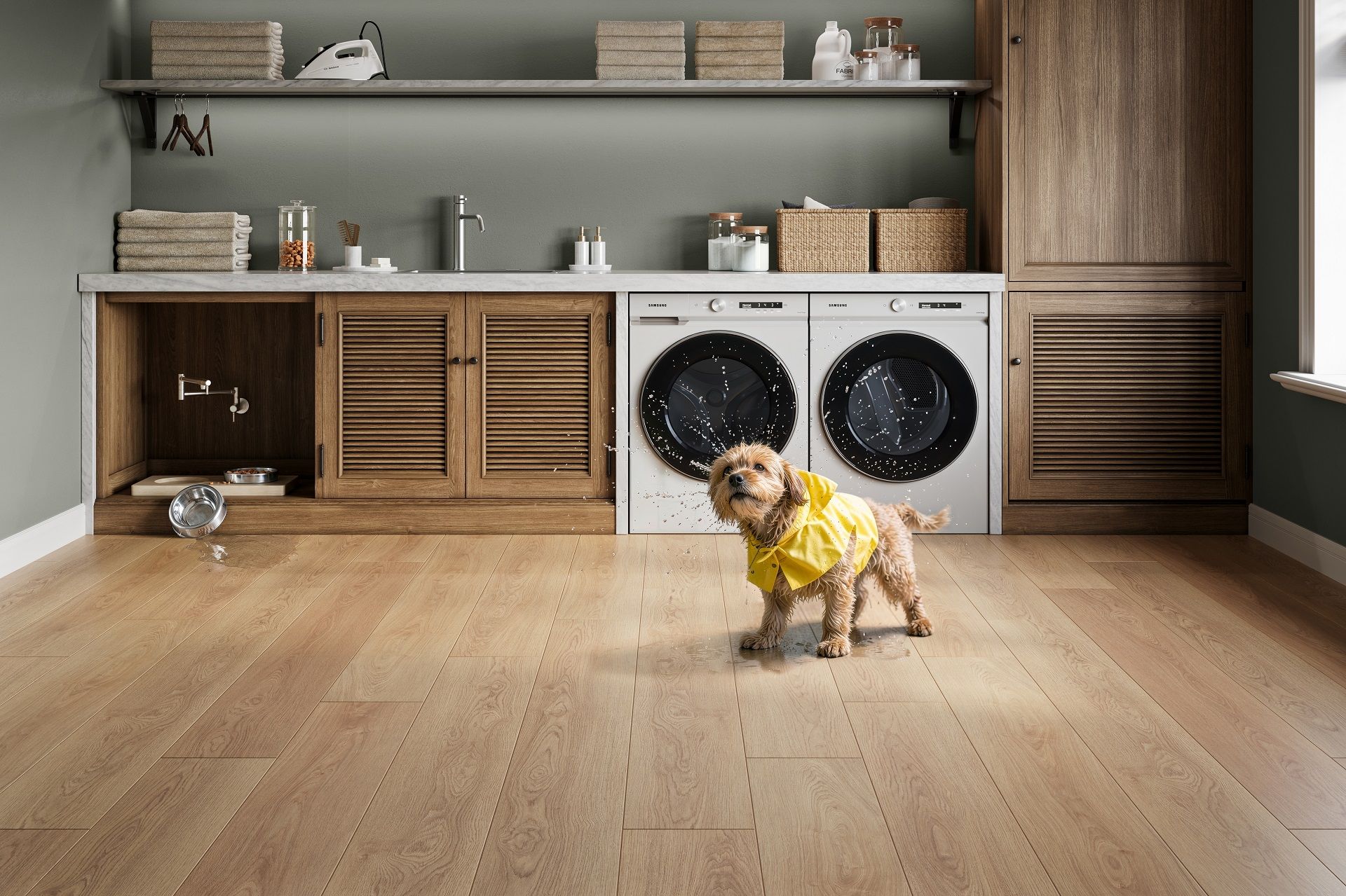 Laundry room with dog station and DuChateau Jacq plank flooring lifestyle visualization