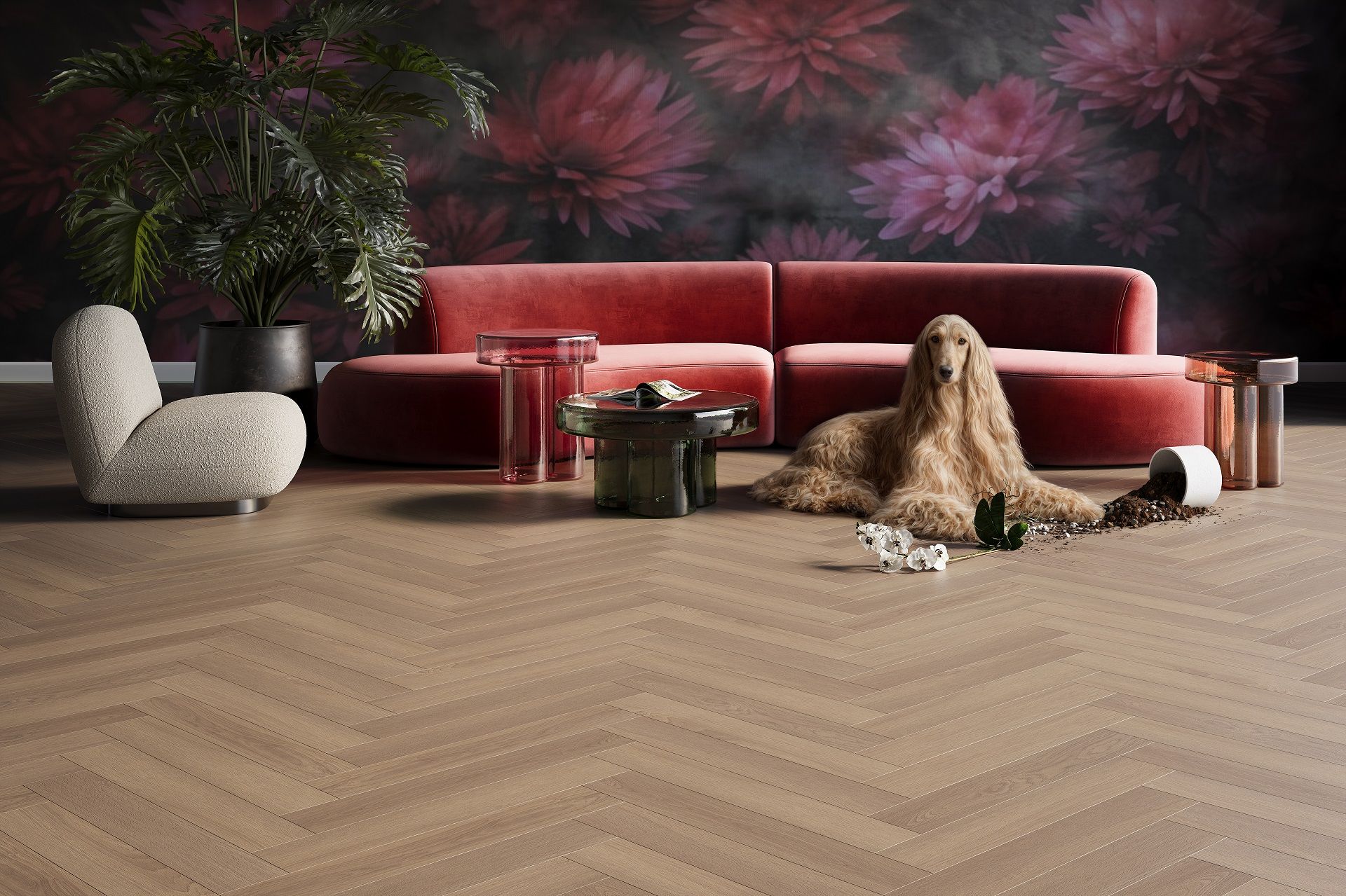 Living room scene with floral wallpaper for DuChateau Mina plank flooring 3D rendering