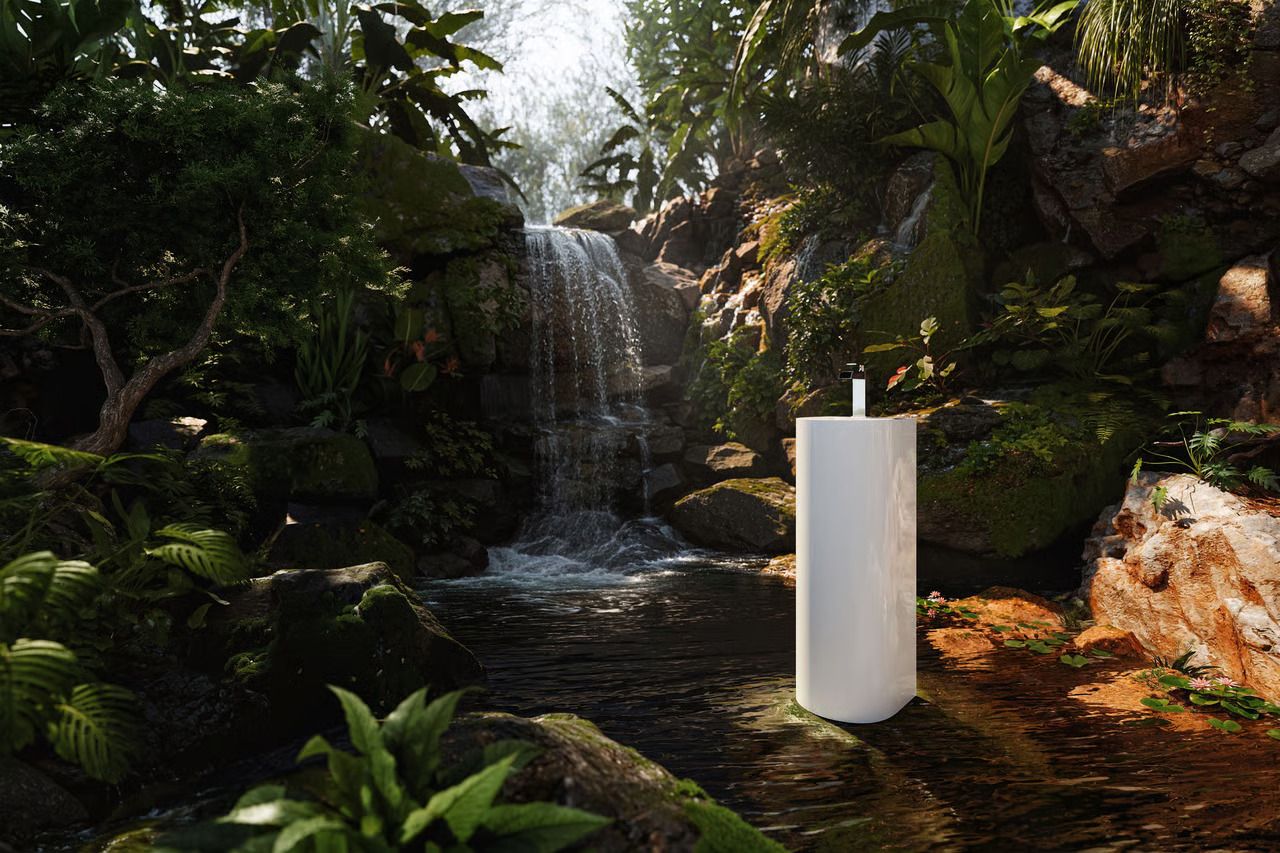 Creative lifestyle 3D rendering of a minimalist pedestal basin in a tropical waterfall setting — furniture AI workflow enables scene generation at scale