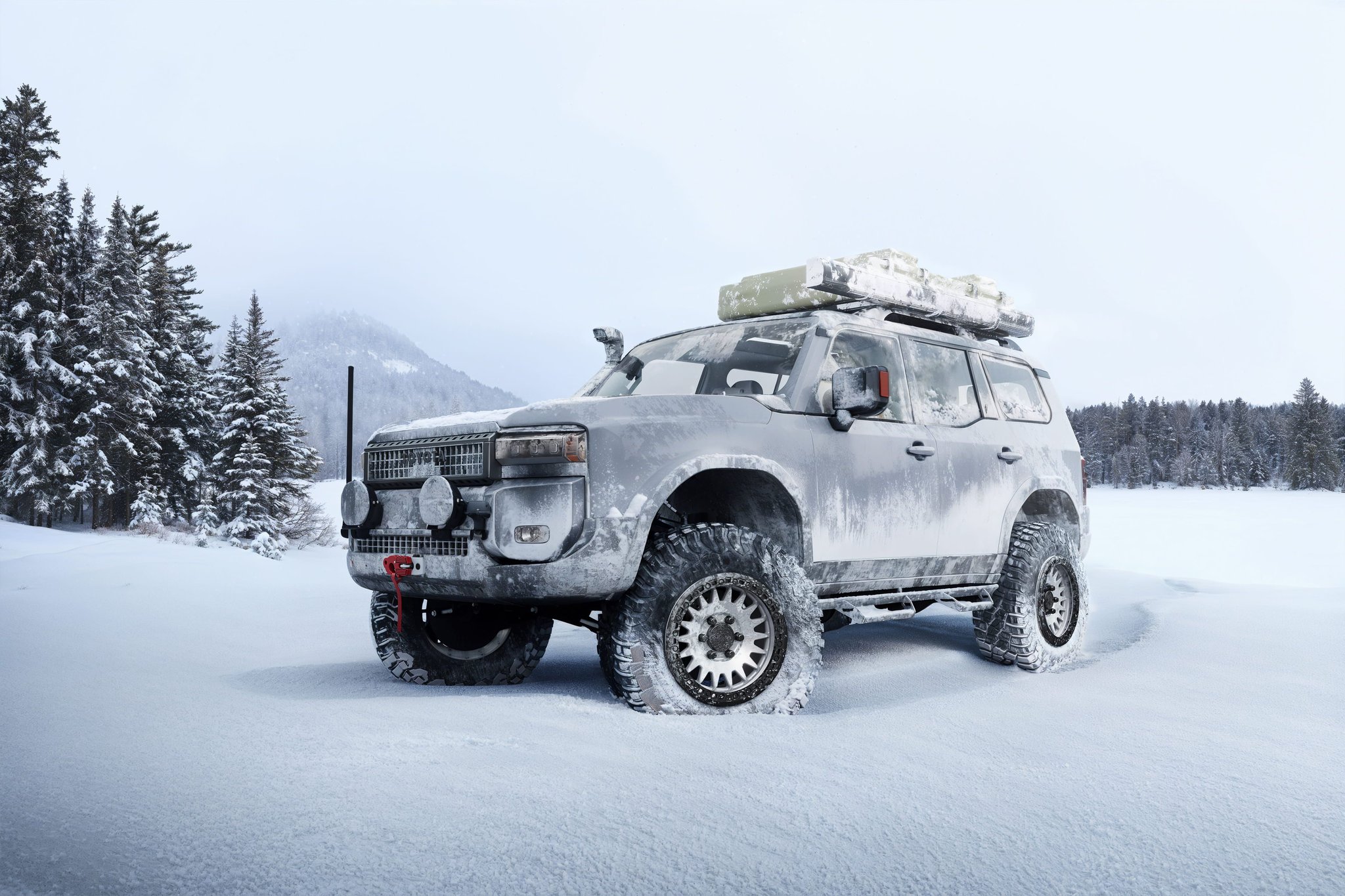 WheelTech GP wheel on car in snowy landscape — winter lifestyle rendering