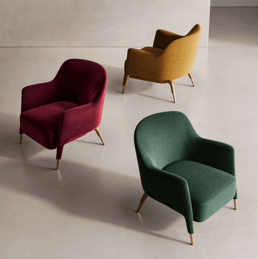 Studio layout of a velvet armchair featuring three color variations for product choice visualization