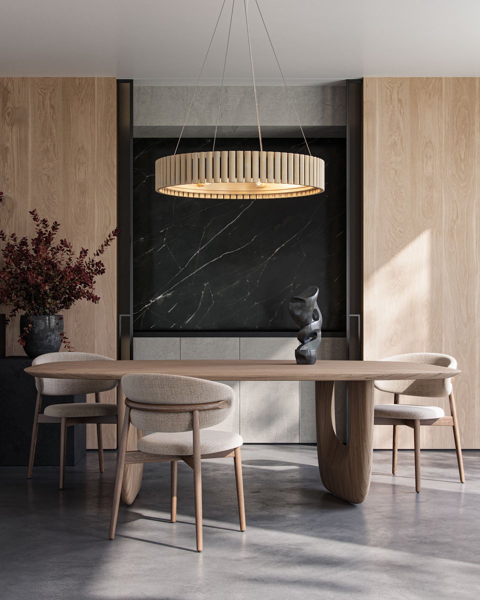 3D rendering of a fluted drum chandelier above a sculptural oak dining table with upholstered chairs against black marble and light wood paneling