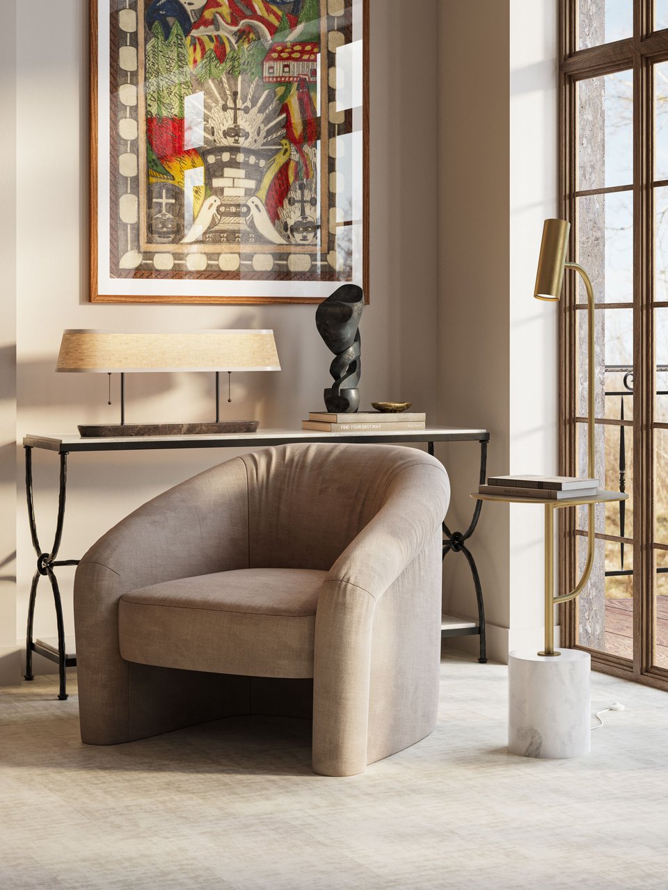 CGI visualization of an upholstered barrel armchair, wrought iron console table, brass floor lamp with marble base, wooden desk lamp, and twisted sculpture in a sunlit living room