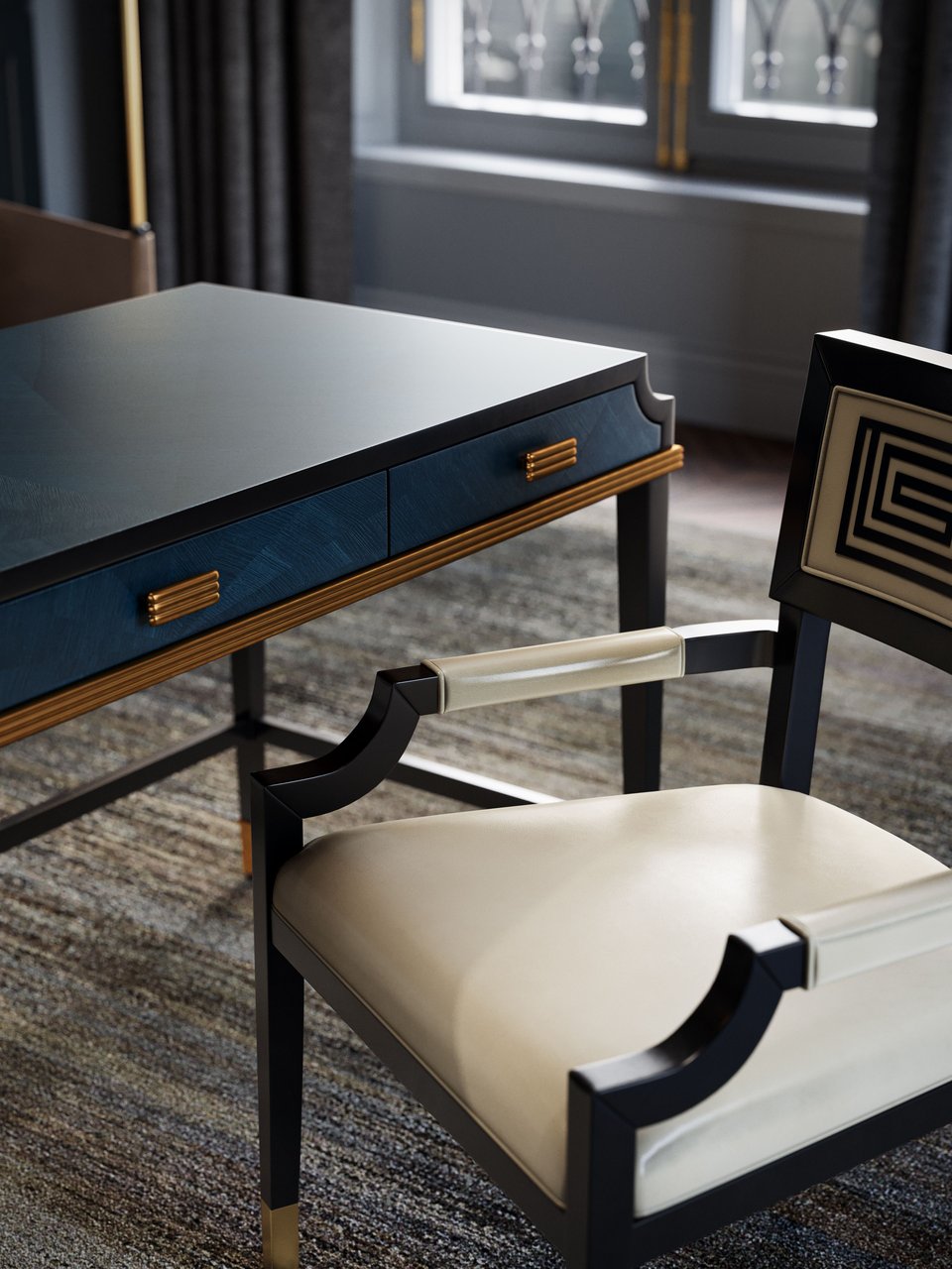 3D rendering of a black and cream armchair with geometric backrest detail beside a navy desk with gold hardware in a moody study setting