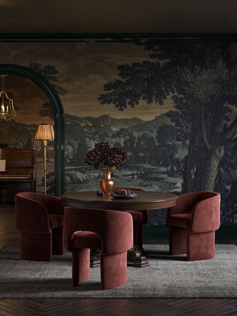 3D rendering of a round pedestal dining table with burgundy velvet chairs, copper vase, and floor lamp in a dark dining room with landscape mural wallcovering and arched doorway