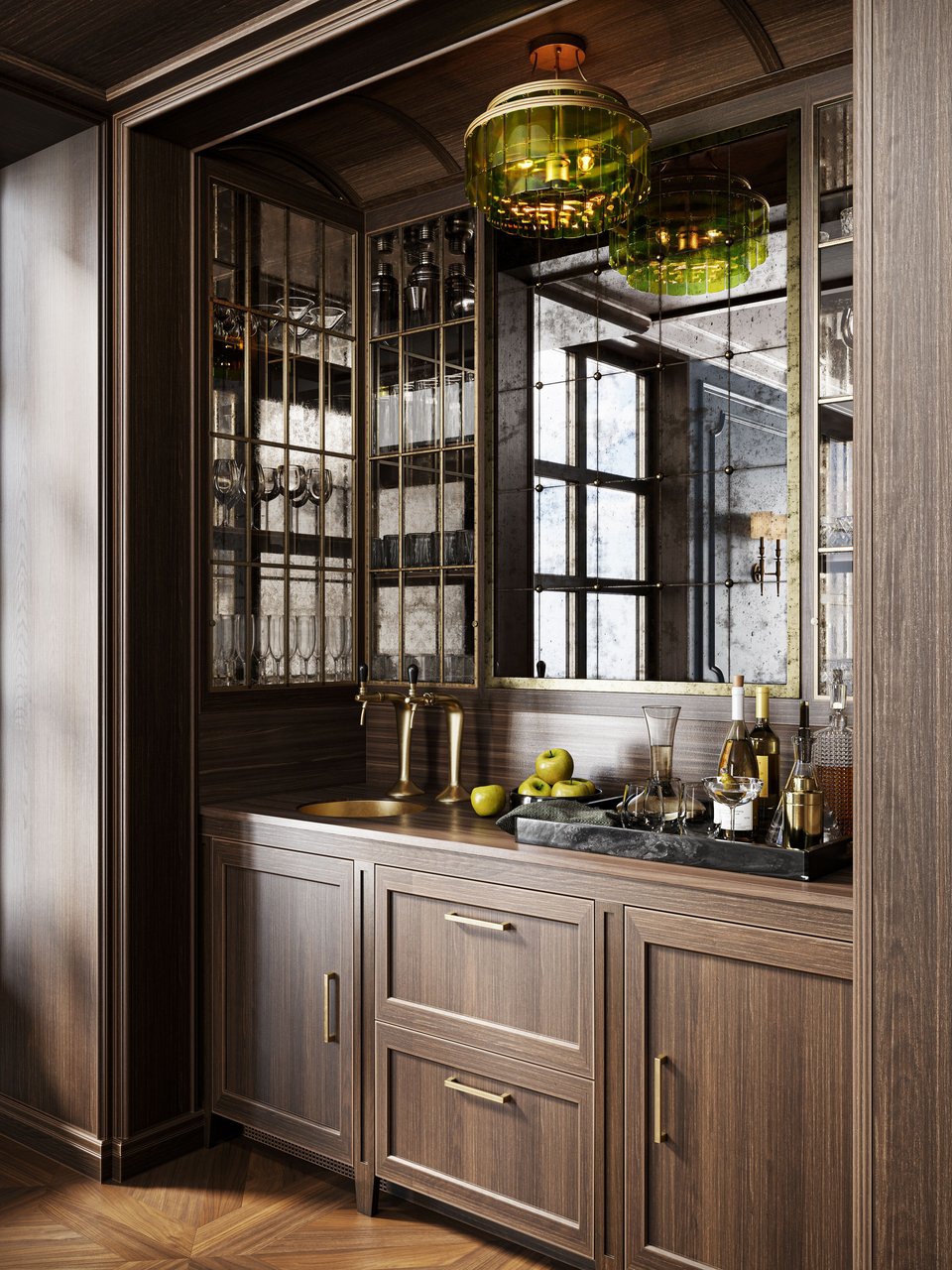 3D rendering of a green glass pendant light with brass fittings in a dark walnut butler's pantry with antiqued mirror backsplash, glass-front cabinets, and brass sink fixtures