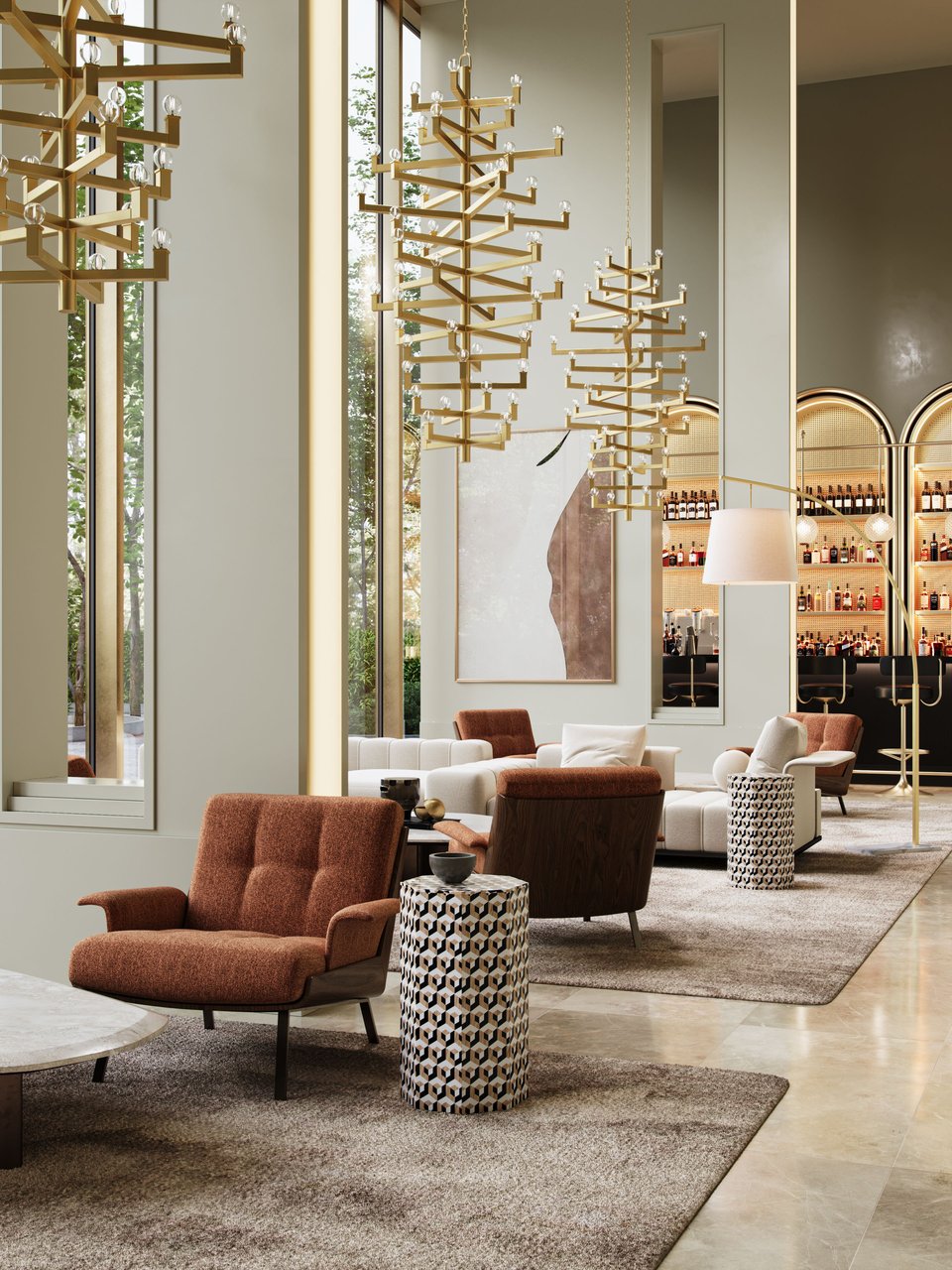 3D rendering of sculptural gold-toned chandeliers in a double-height hotel lobby with terracotta armchairs, geometric side tables, and an illuminated bar area