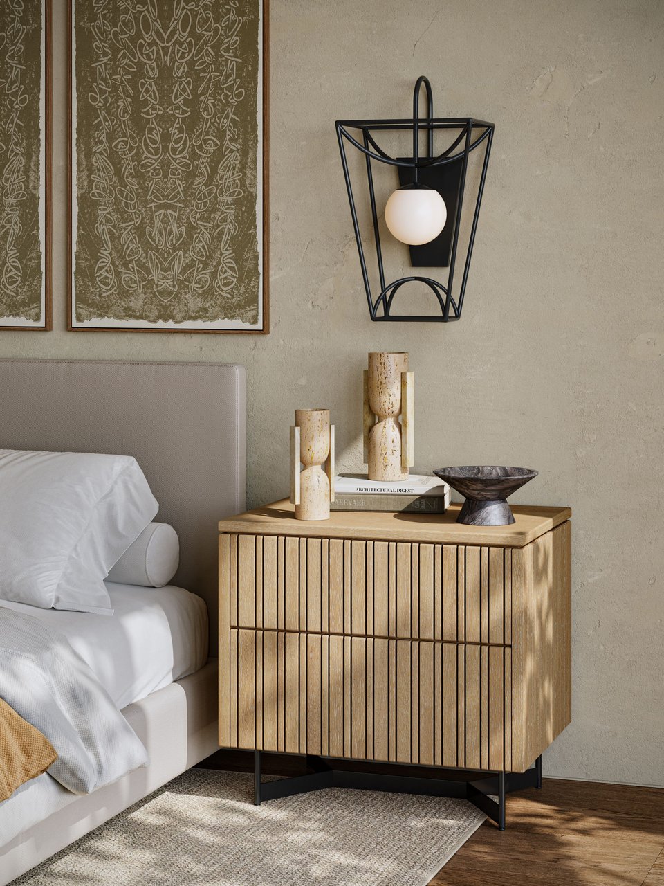 CGI visualization of a fluted oak nightstand with black metal wall sconce, travertine candleholders, and marble bowl styled in a contemporary bedroom