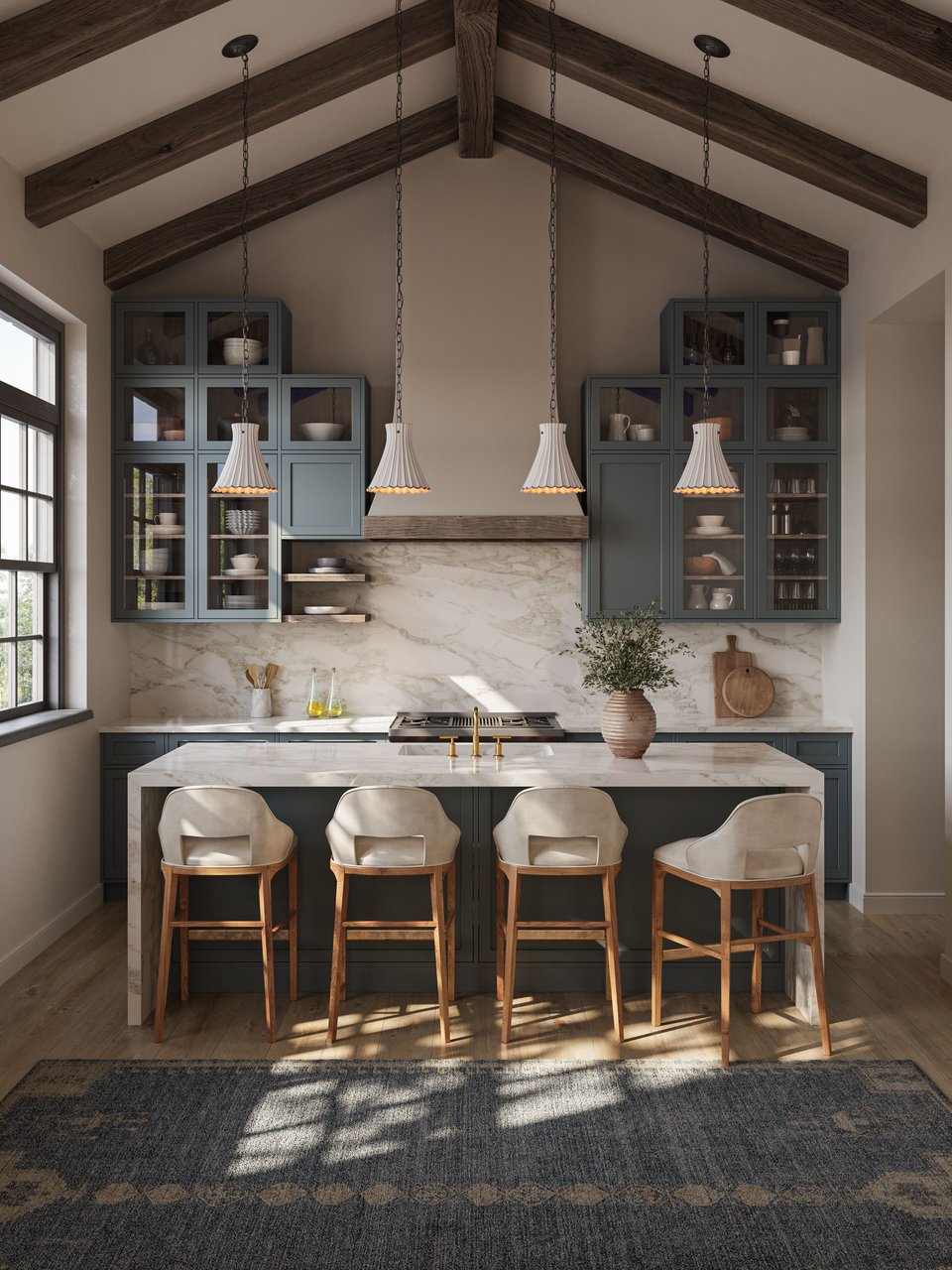 3D rendering of pleated white pendant lights on chains in a farmhouse kitchen with vaulted beamed ceiling, marble island, upholstered bar stools, and blue-grey cabinetry