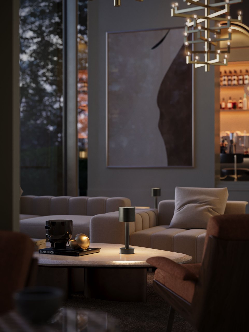 3D rendering of a portable table lamp on a marble coffee table in a moody hotel lobby lounge with channel-tufted sofas, abstract art, brass chandelier, and bar area