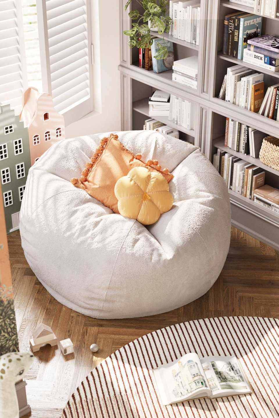 3D Rendering Of A Cozy Reading Nook With A Bean Bag, Soft Pillows, And A Book-Filled Bookshelf