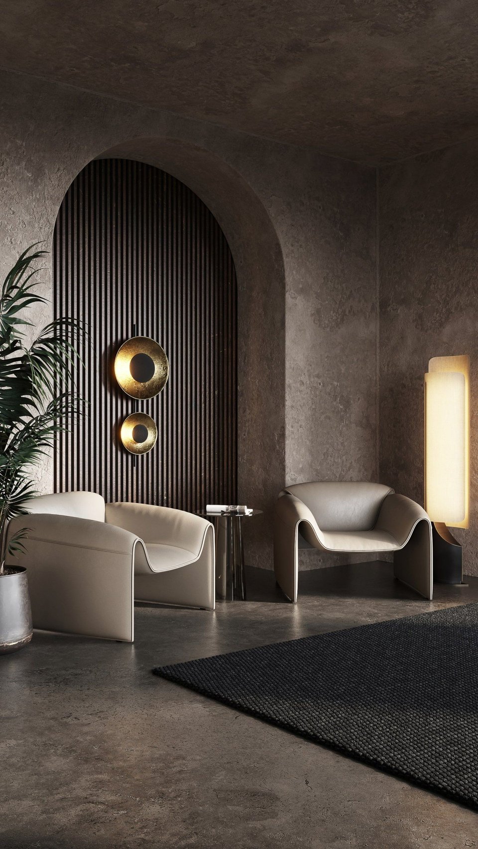 Two Sculptural Armchairs And Warm Lighting Against A Textured Wall In A Sophisticated Lifestyle Rendering