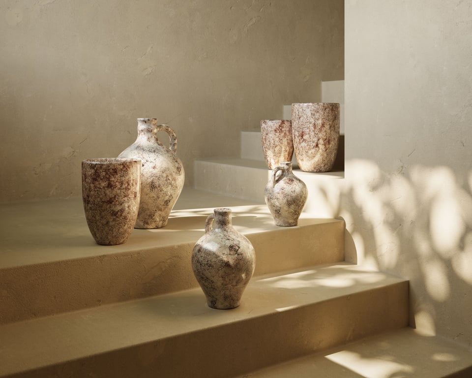 3D rendering of rustic ceramic vases and jugs with crackled terracotta glaze arranged on sunlit sandstone steps against a textured plaster wall