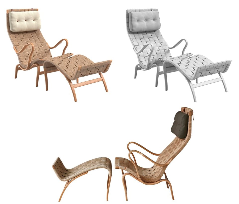 Textured 3D models showing detailed woven straps and clean chair geometry with a matching ottoman