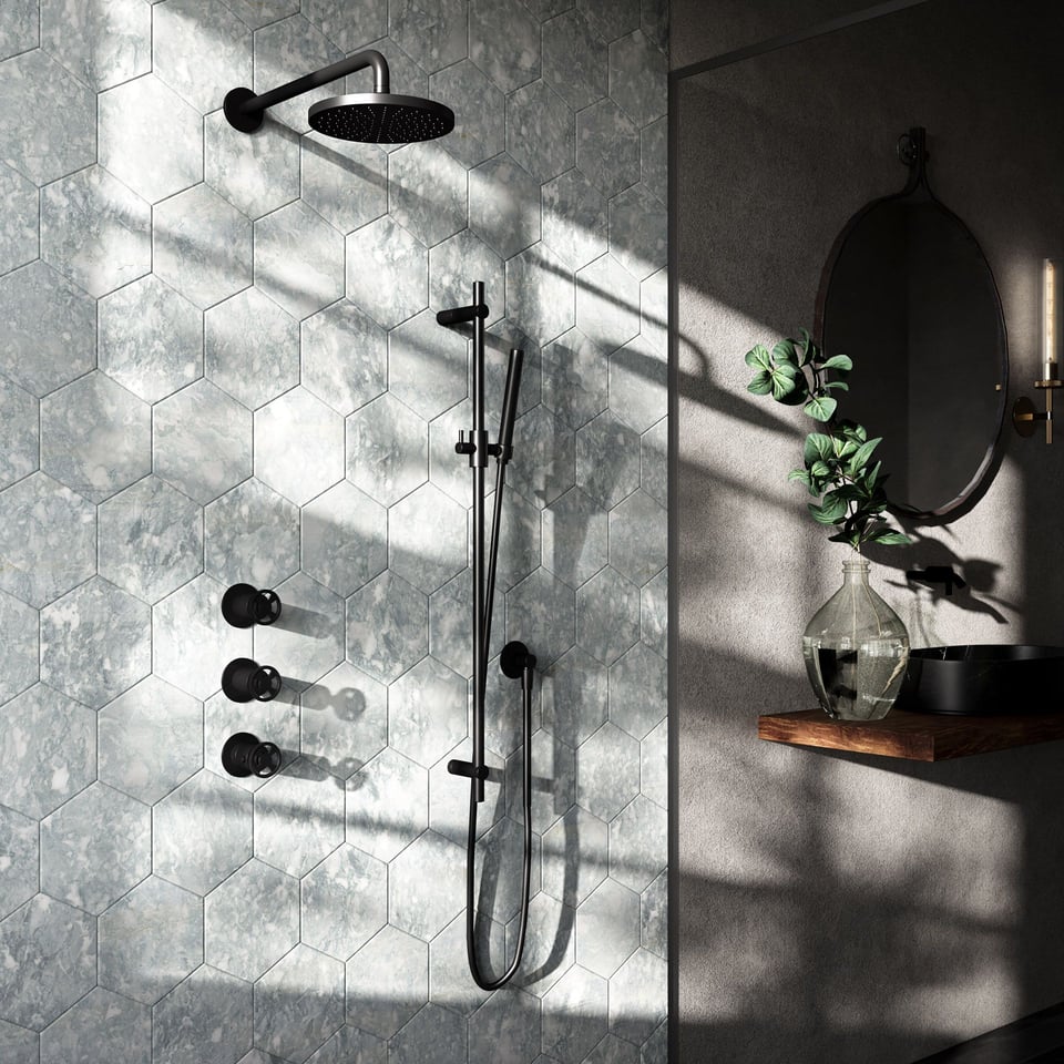 3D interior visualization of a trendy bathroom with hexagonal tiles, showcasing photorealistic rendering and 3D modeling techniques.