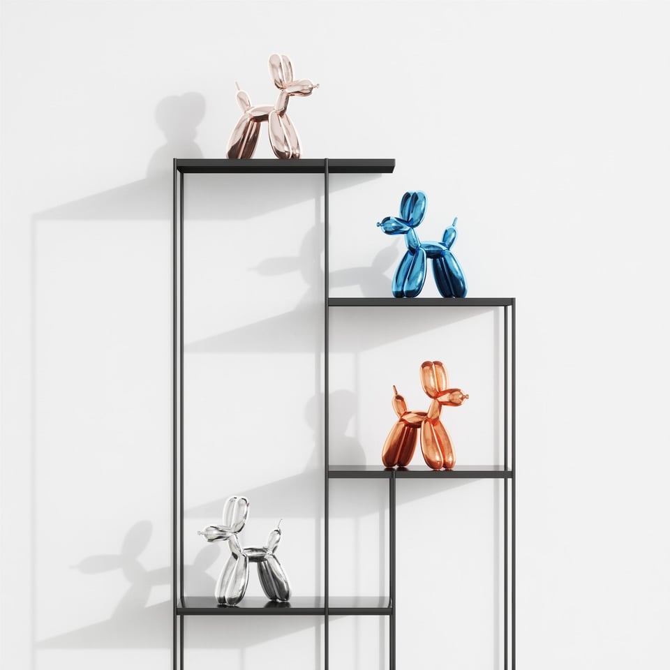 3D house fittings visualization featuring balloon dog sculptures on a trendy shelf, showcasing photorealistic rendering and high-quality 3D modeling.