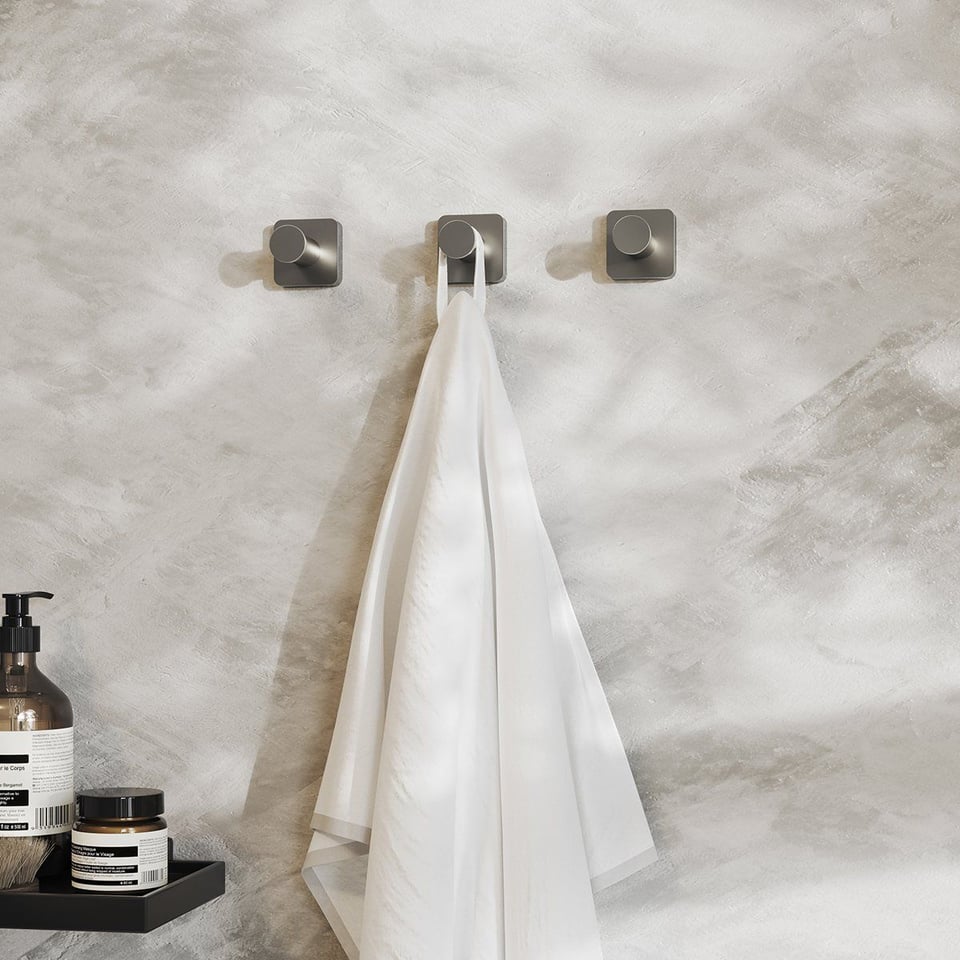 3D rendered image showcasing trendy bathroom hooks and accessories, highlighting photorealistic product rendering and 3D interior visualization.